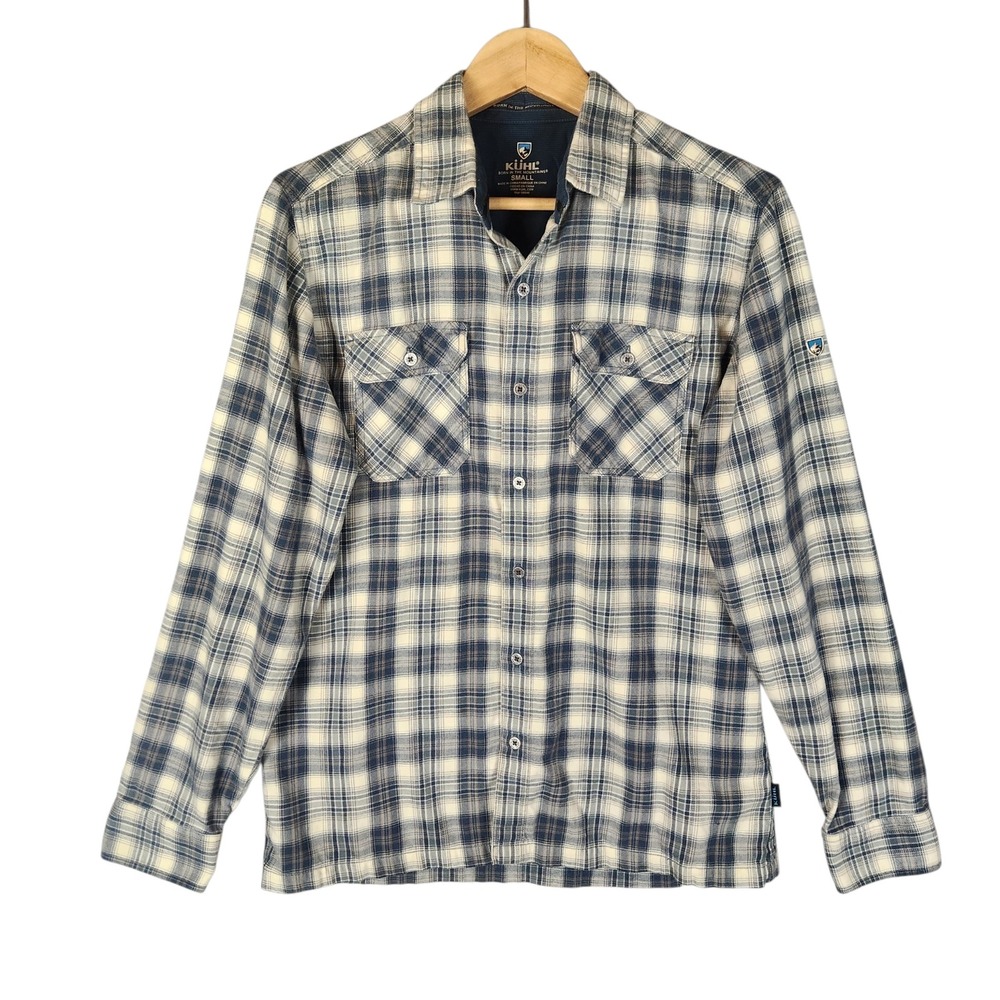 KUHL Dillingr Flannel Shirt Small Blue Cream Plaid Long Sleeve Button Up Outdoor